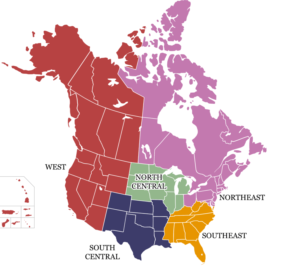 Map of the United States and Canada with each CODA region shown in a different color.